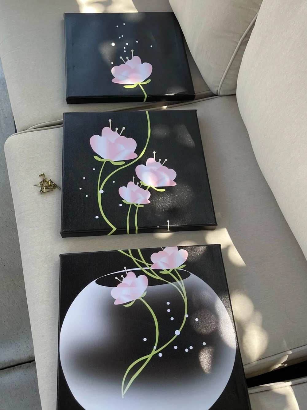 Pink Floral Trio Wall Art - Black Background